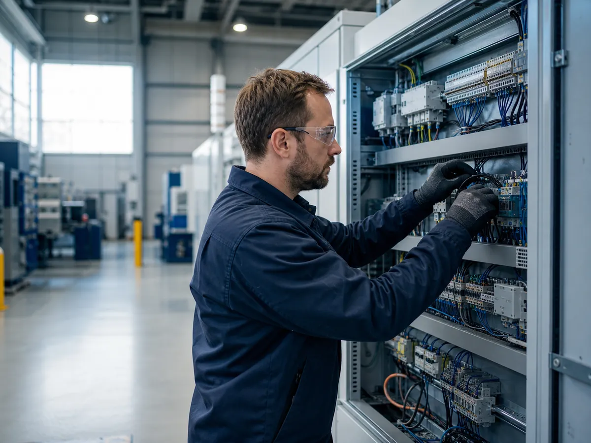 Industrieelektriker arbeitet an einem Schaltschrank in einer modernen Fabrik